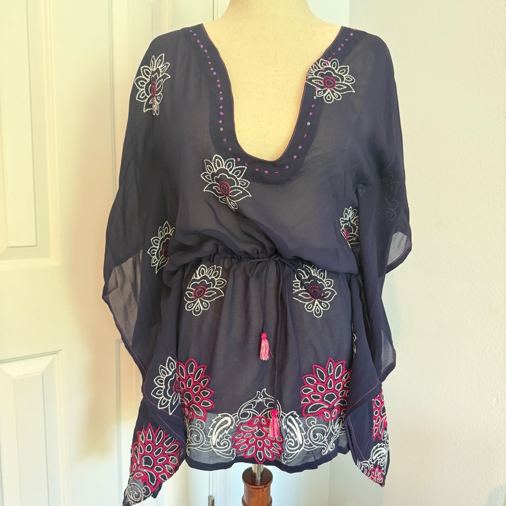 TAJ by Sabrina Crippa Deep Blue Tunic with Pink Embroidery